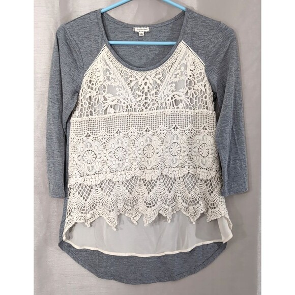 Eyeshadow Tops - Eyeshadow Brand Women's SMALL Ivory Lace Crochet Top, Gray Long Sleeve Tee Boho